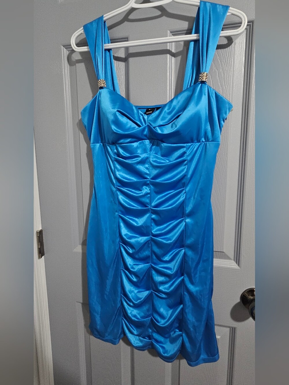 Blue Satin Ruched Slip Dress with Rhinestone Straps